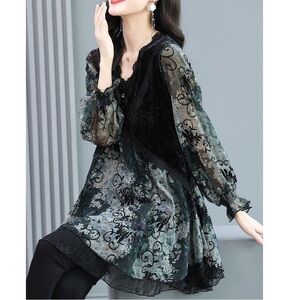 Velvet and Chiffon Flowy Floral Ruffled Top Size Large Whimsigoth Fairy